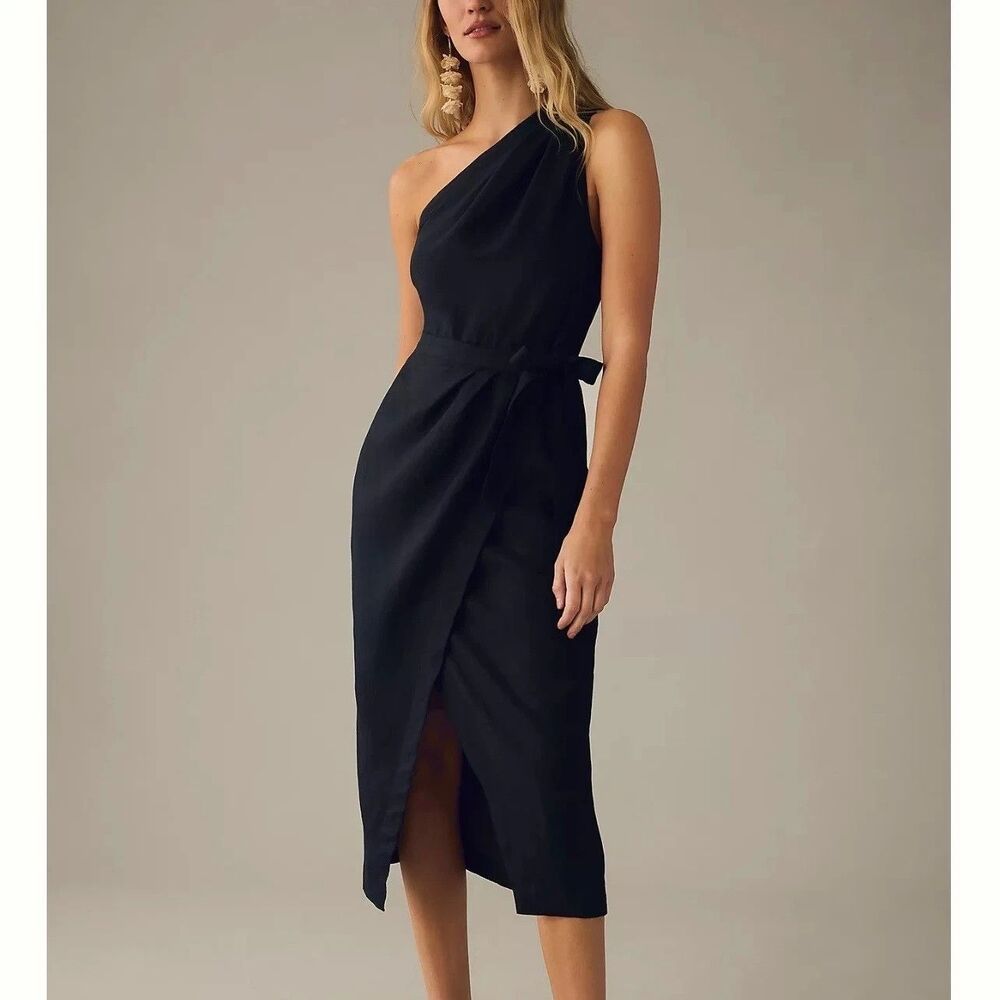Anthropologie Black One Shoulder Linen Wrap Midi Dress Size 00P Cocktail Party
